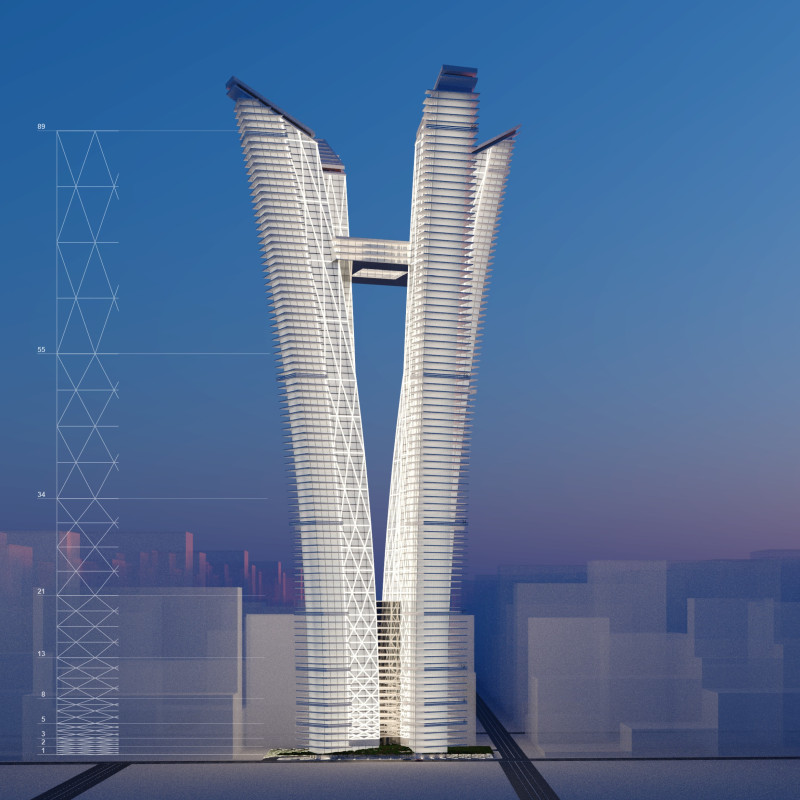 Vertical Gardens and Outward-Leaning Steel Towers in a Sustainable Urban Skyscraper