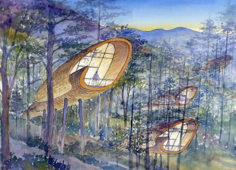 Elevated Pods with Greywater Recycling and Natural Wood Integration