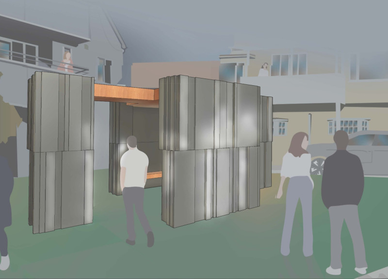 Vertical Stainless Steel and Local Wood Intersecting Community Space