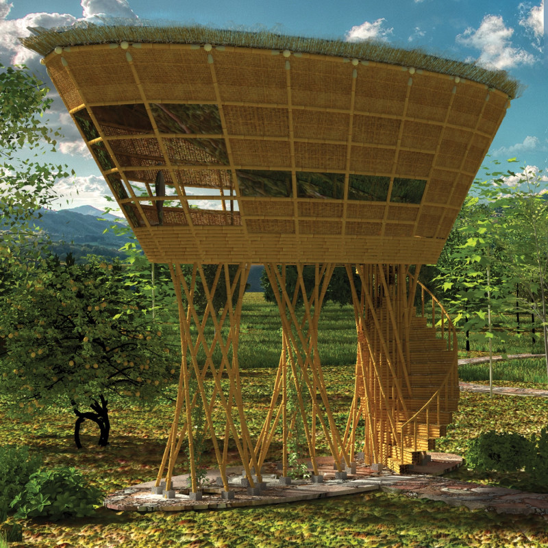 Elevated Bamboo Huts with Thatch Roofs Promoting Community Engagement in a Lush Landscape