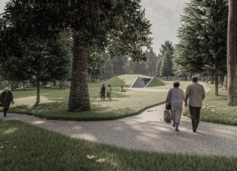 Argillite Walls and Reflective Pools in a Contemplative Columbarium