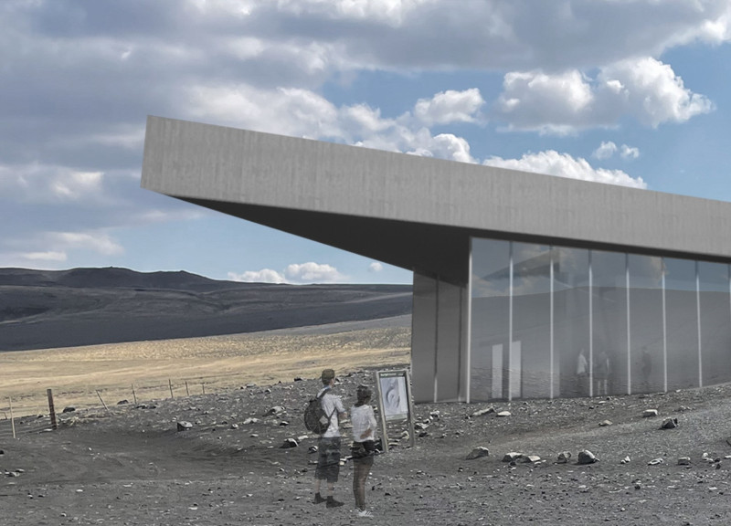 Rainwater Harvesting Roof with Glulam Structure in Volcanic Landscape Café