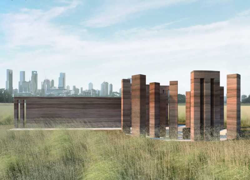 Reflective Rammed Earth Columns in a Sustainable Exhibition Space