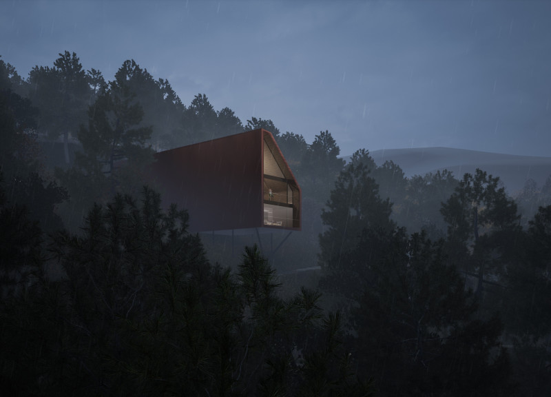 Red Metal Roof and Perovskite Solar Cell in a Tranquil Meditation Space