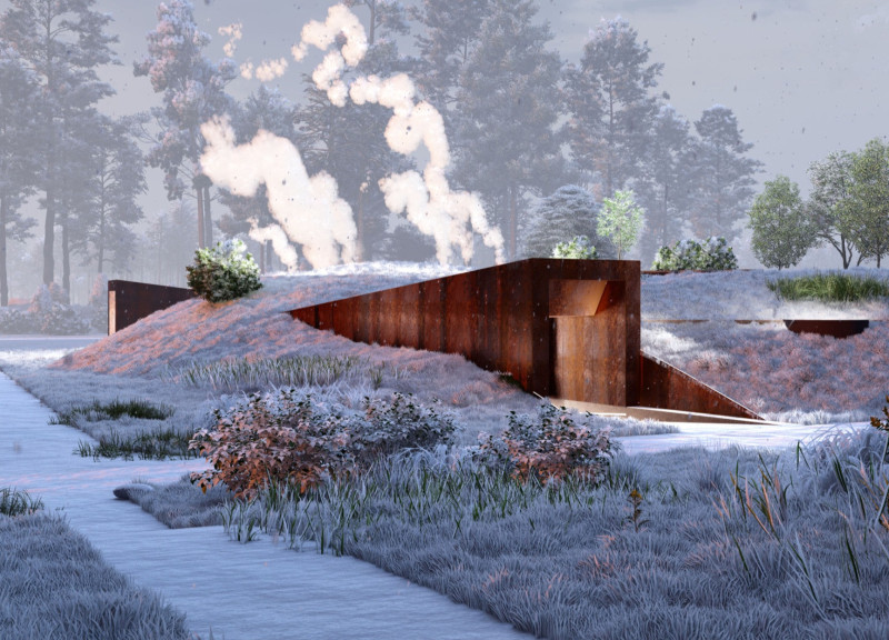 Ceramic Tissue Pathways Within a Reflective Forest Cemetery