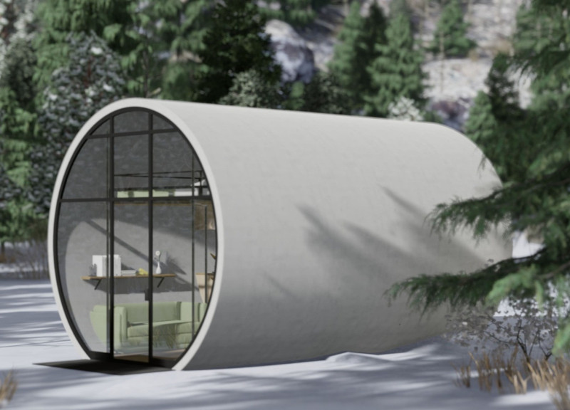 Cylindrical Living Space Emphasizing Material Efficiency and Flexibility