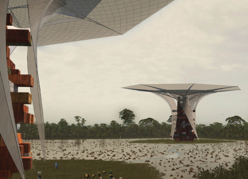 Recycled Shipping Containers Supporting Rainwater Collection in a Multifunctional Community Space