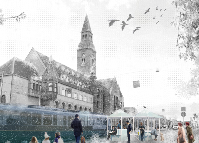 Modular Coffee Hub with Sheltered Seating for Transit Spaces