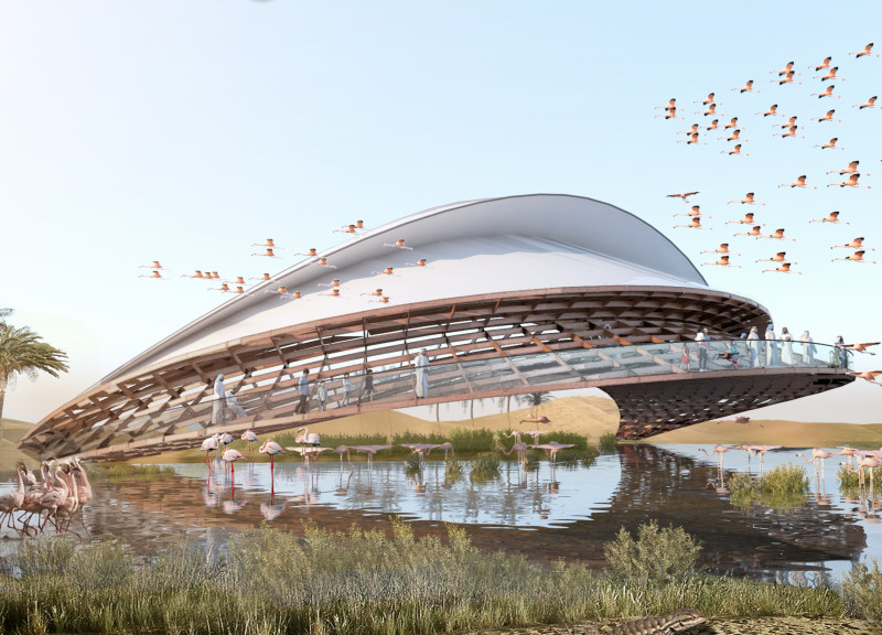 Flamingo Wing Structure with Weathering Steel Frame Overlooking Educational Wetland