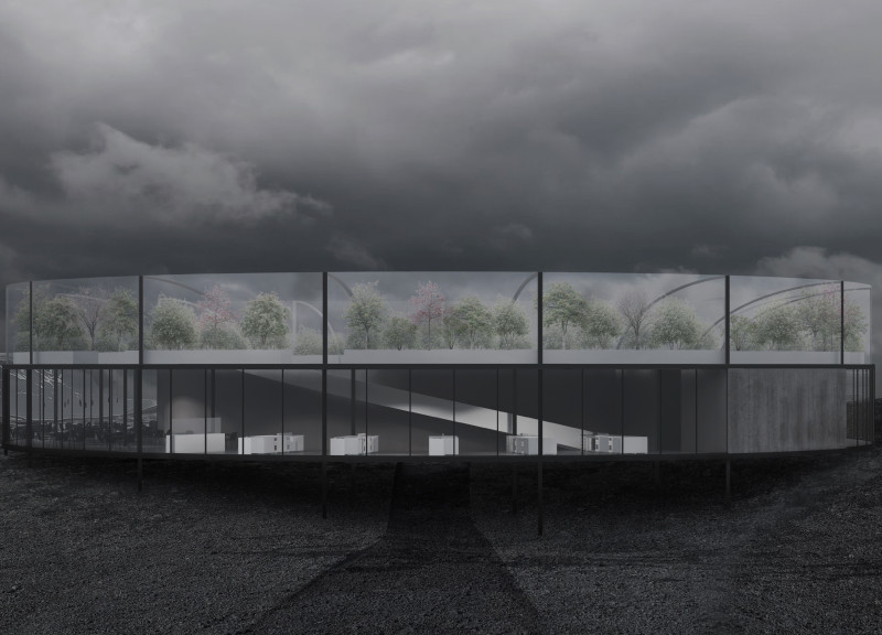 Circular Greenhouse Restaurant Built with Concrete and Glass in a Volcanic Landscape