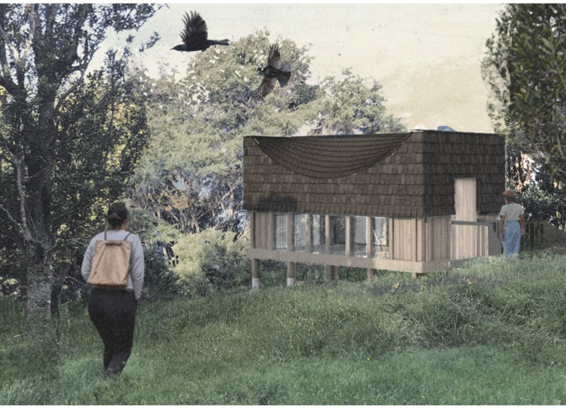 Charred Timber Canopy Embracing a Circle of Trees in Native Bush Retreat
