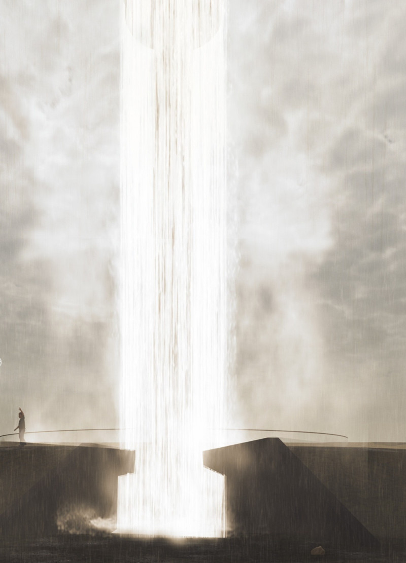 Cascading Water and Light Tower Amid Icelandic Landscapes