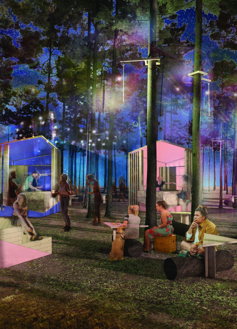 Rhythmic Gatherings Under Pine Cone Lighting in a Colorful Food Court