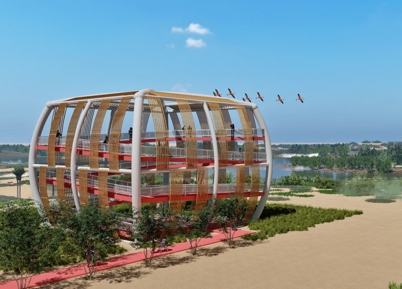 Arced Steel Columns and Pink Pathway Enhancing Natural Observation