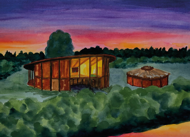 Courtyard Retreat Framed by Round Roof and Timber Harmony