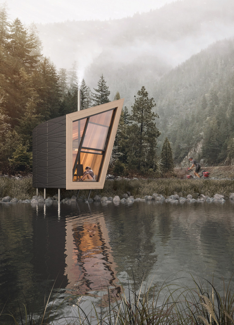 Sculpted Fiber-Reinforced Concrete Shelters with Laminated Wood Interiors for Cyclists