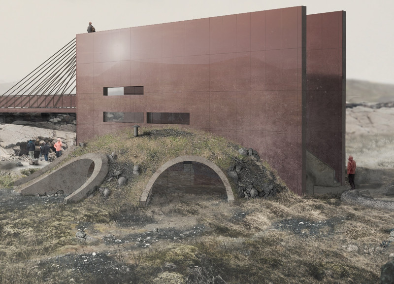Hanging Bridge Connecting Volcanic Stone and Natural Landscape in Icelandic Mythology