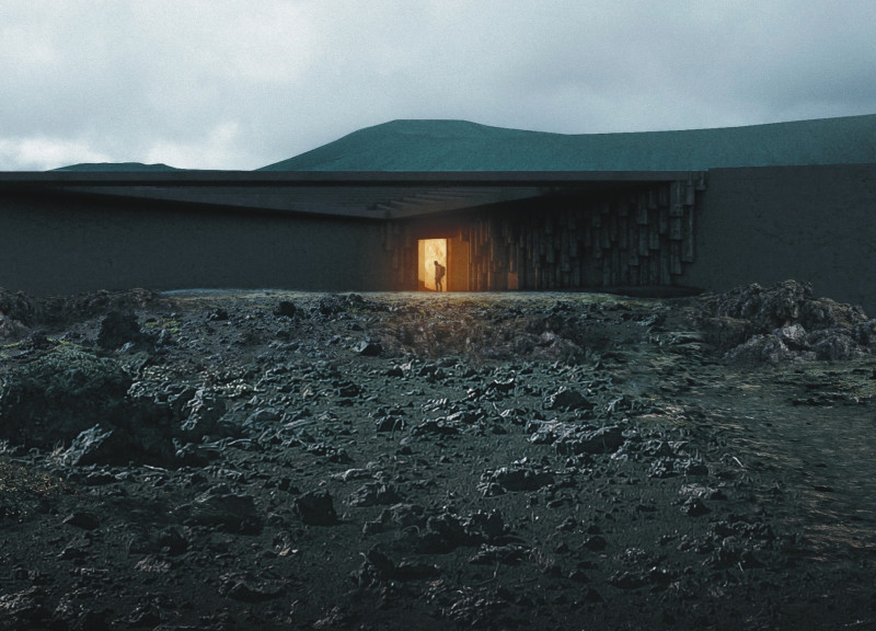 Basaltic Columns and Textured Concrete Enclosure in Icelandic Landscape