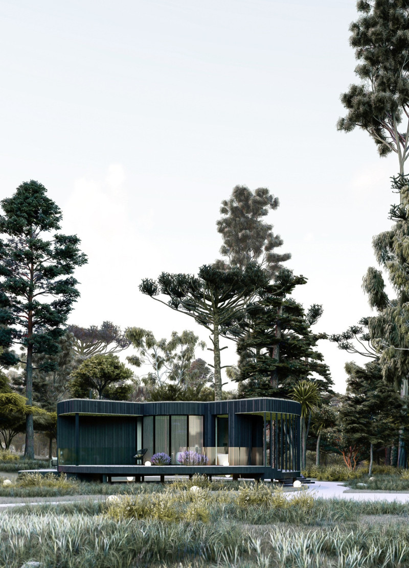 Curvilinear Design Features Charred Wooden Shingles and Natural Ventilation in Remote Retreat