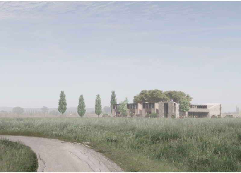 Central Courtyard Surrounded by Asymmetrical Guest Houses with Concrete and Wood Materials