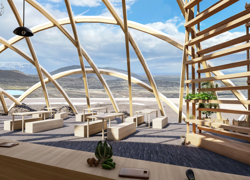 Dome Structure Featuring Lava Stone and Vertical Gardens for Sustainable Agriculture