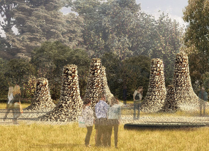 Reflecting Lives Through Gradating Stones and Barbed Wire Structure