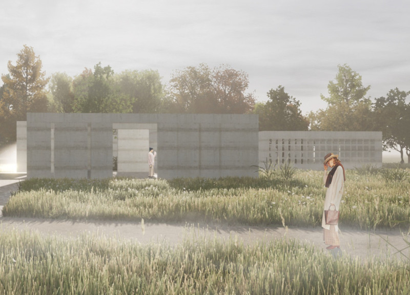 Movable Walls and Local Aggregate Create Reflective Spaces in Forest Memorial Setting