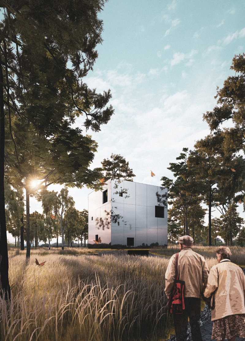 Reflective Cube with Inscribed Stones in a Contemplative Landscape