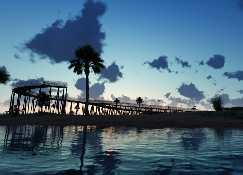 Curvilinear Viewpoint Crafted from Wood and Steel Overlooking Biodiverse Reserve