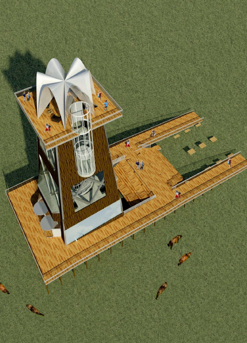 Glass-Floored Observation Tower with Wood Cladding and 360-Degree Views