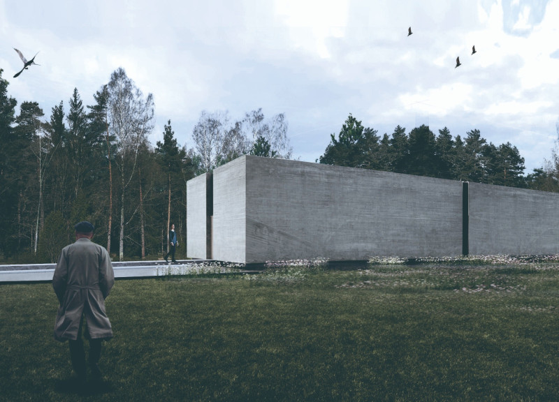 Illuminated Pathways and Latvian Wood in a Reflective Memorial Space