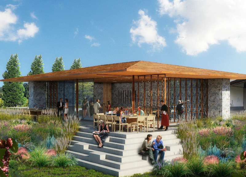 Fieldstone Walls and Grapewood Screens Enhancing Social Spaces in a Vineyard Setting