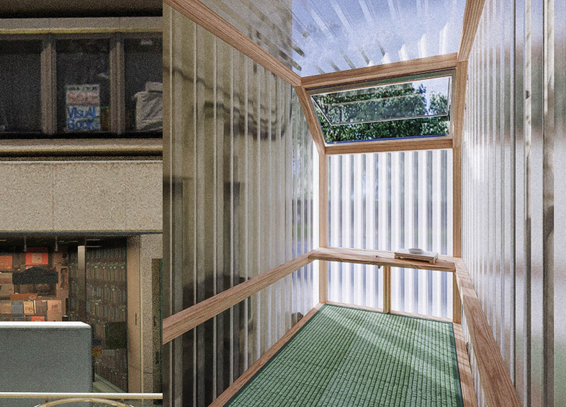 Elevated Cedar Retreat with Polycarbonate Cladding for Urban Meditation