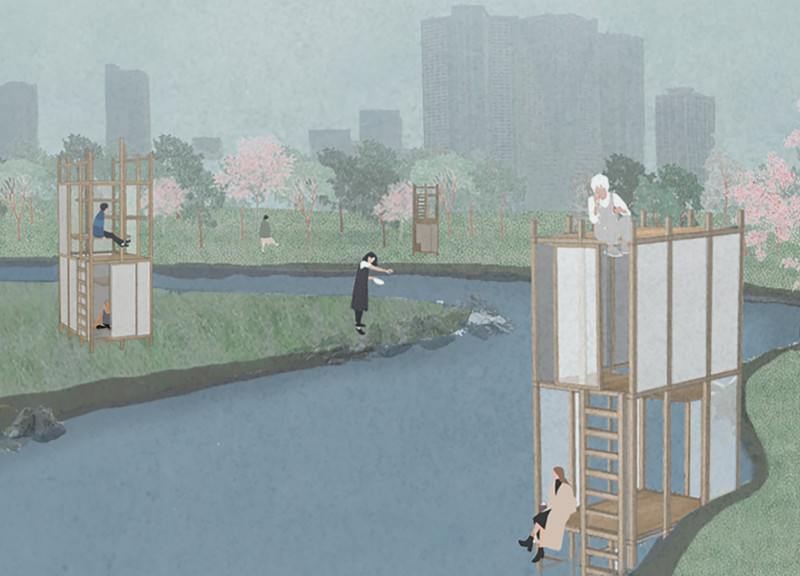 Horizontal Levels of Wood and Rice Paper Embrace Nature for Meditative Retreat