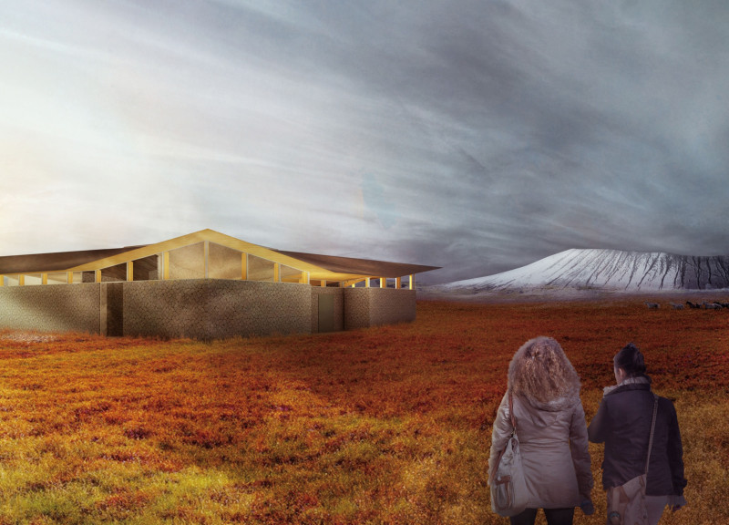 Lava Stone Walls and Panoramic Views in a Cave-Like Gathering Space