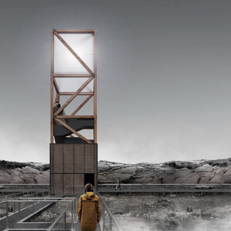 Translucent Photovoltaic Panels and Recycled Wood Define Elevated Observation Structure in Icelandic Landscape
