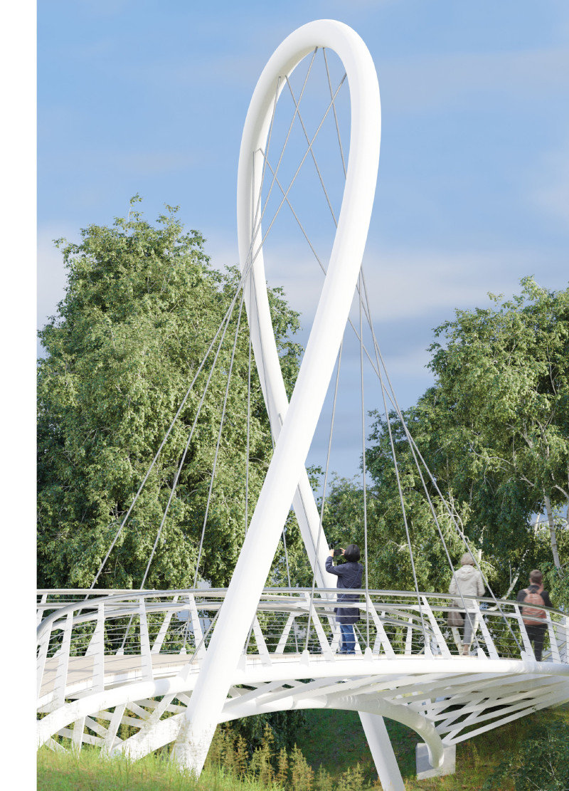 A Sinuous Steel Bridge with Wooden Flooring Connecting Nature and Urban Life