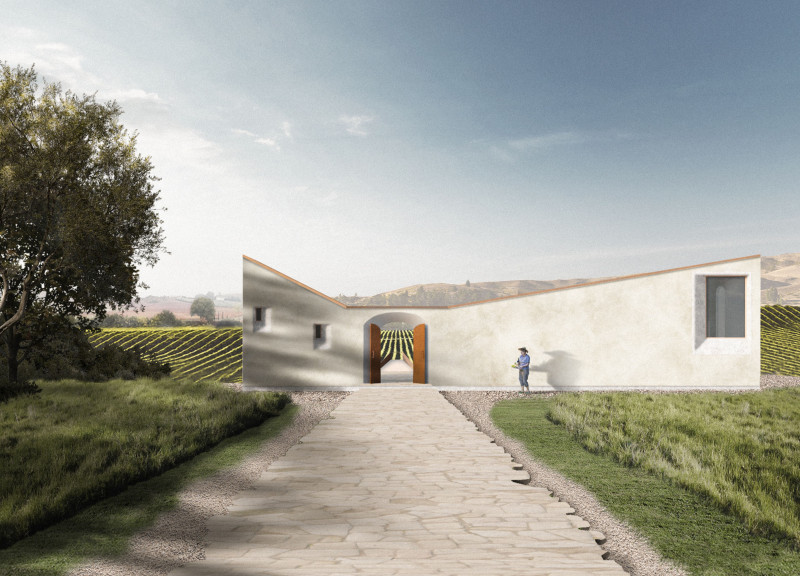 A Traditional Wine Tasting Room with Cantilevered Views and Arched Stone